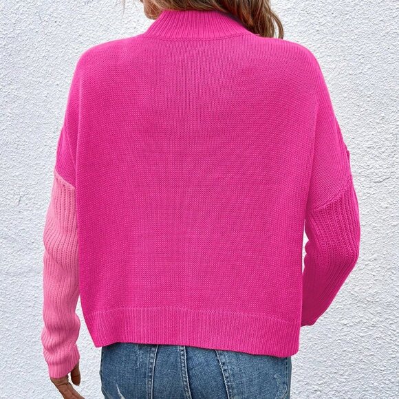 Multicolor Casual Patchwork Women's Long Sleeve Stand Collar Pullover Sweater - Picture 3 of 7